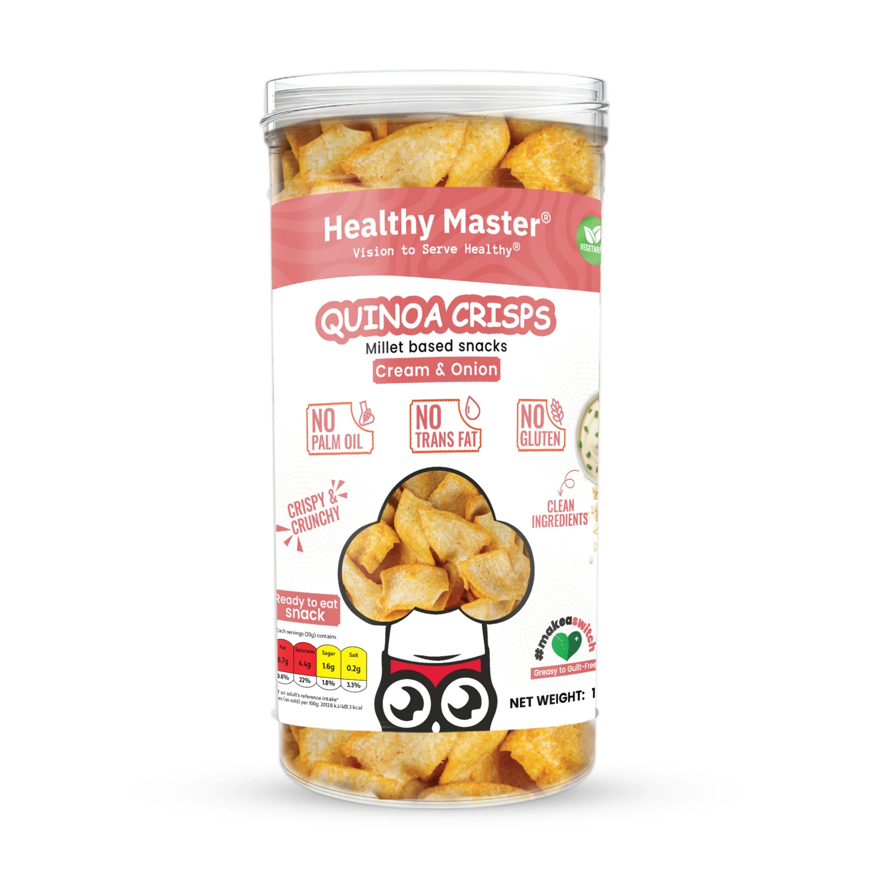 Healthy Master Quinoa Crisps, Cream & Onion flavor, gluten-free, no palm oil, clean ingredient snack