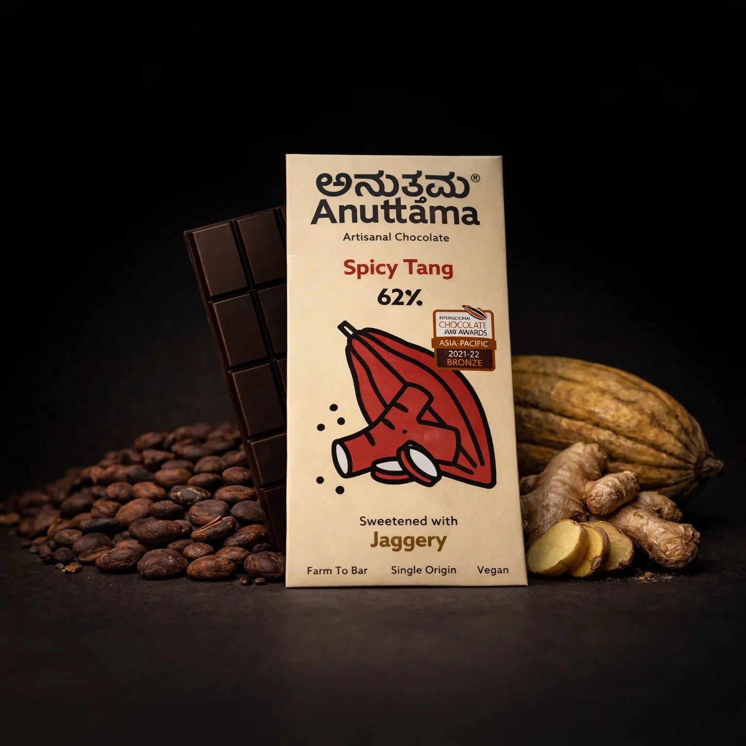 Anuttama Spicy Tang 62% dark chocolate bar, jaggery-sweetened, vegan, with cocoa beans and ginger