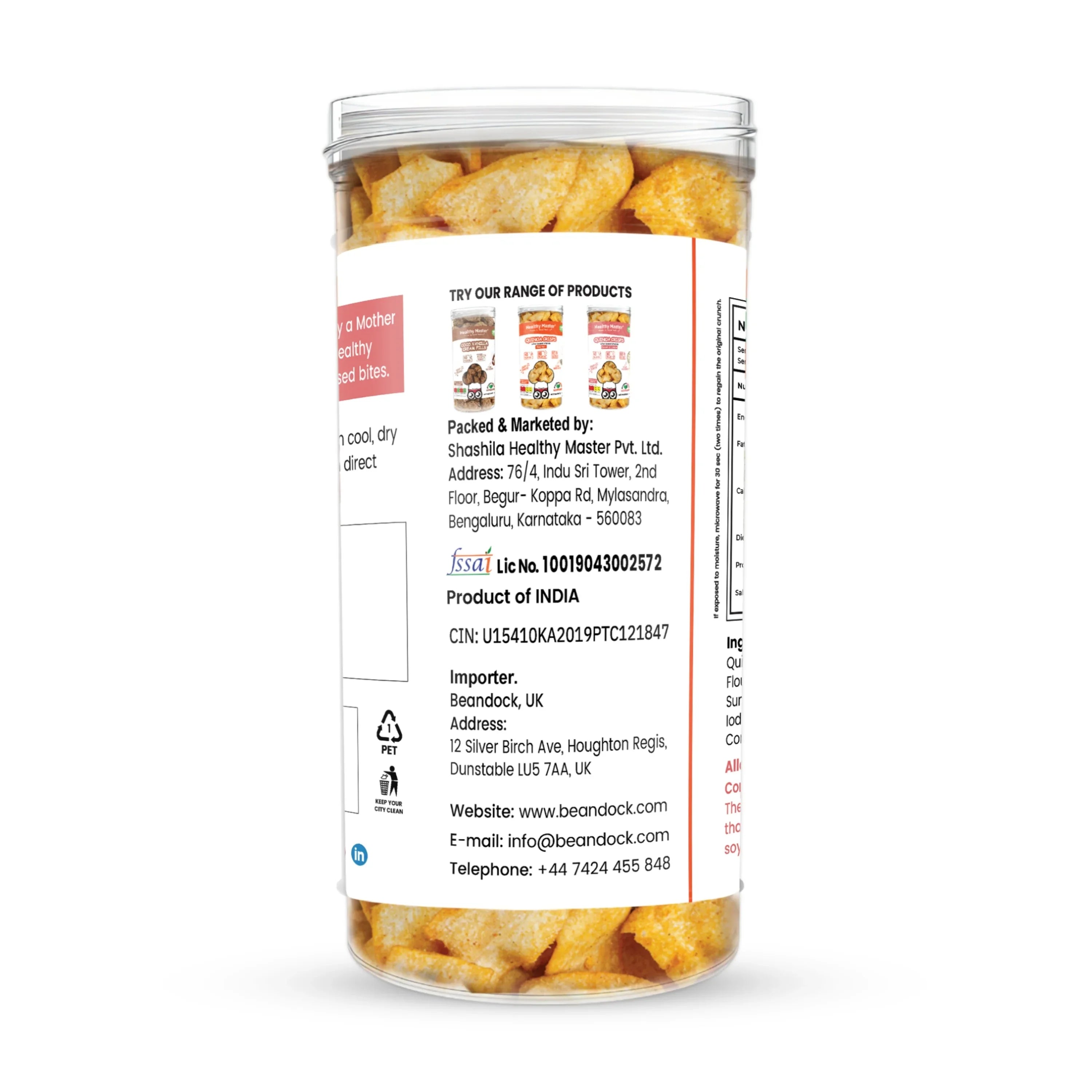 Indian quinoa crisps in clear tub, clean label snack imported to UK, wholesome & naturally better