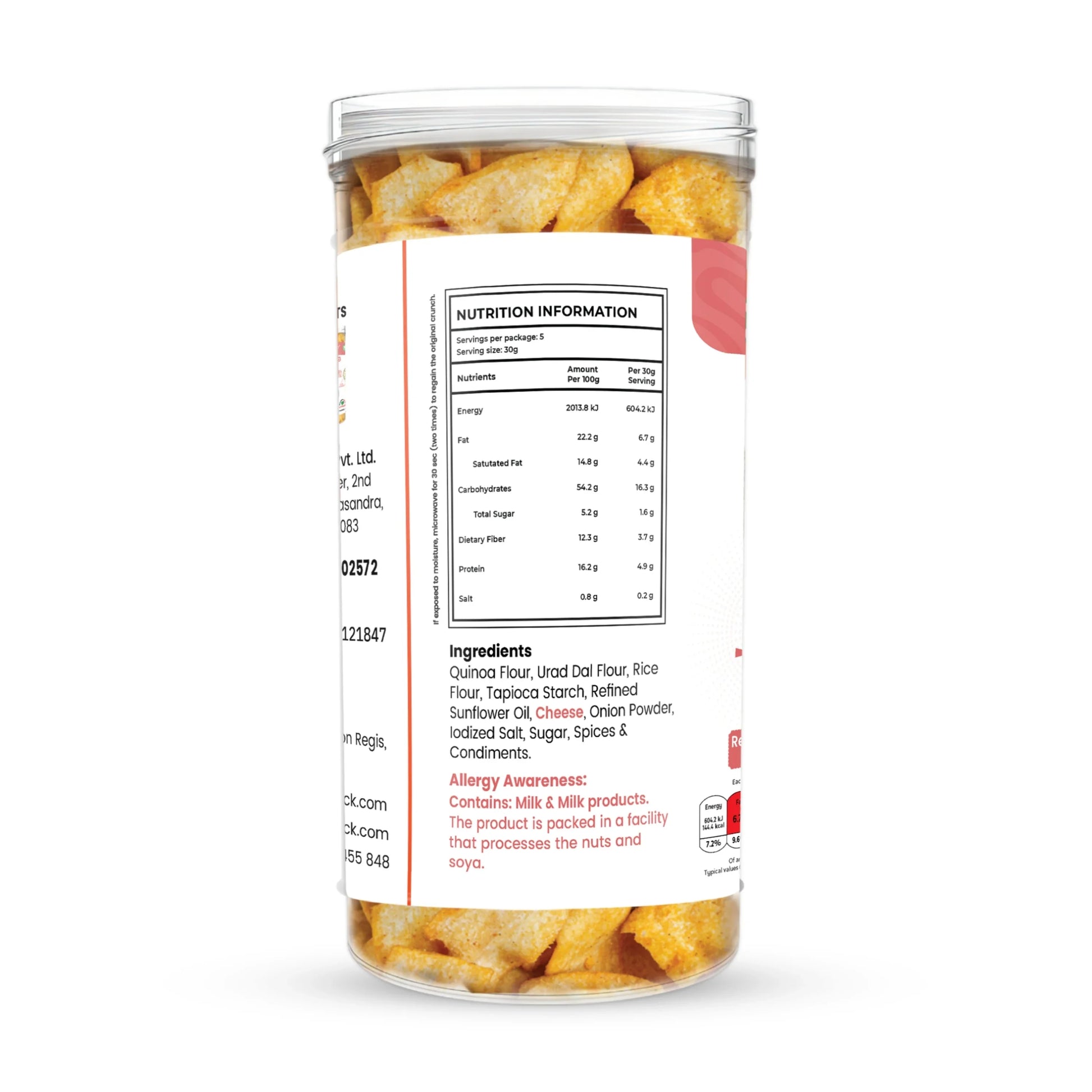Cheese-flavored Indian snack chips in clear tub with nutrition facts, made with quinoa, urad dal, and rice flour