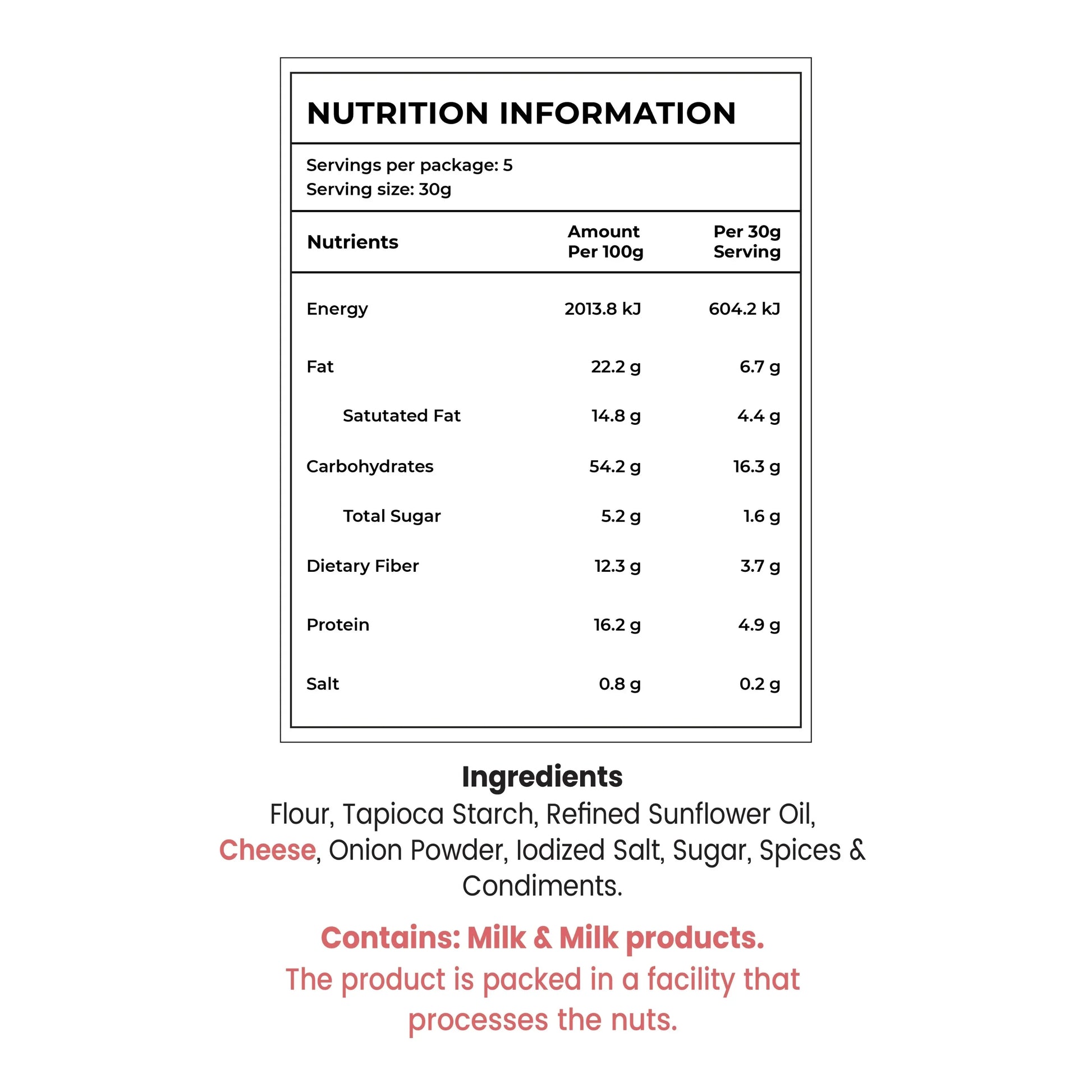 Nutrition facts and ingredients for cheese snack with milk content warning, clean label Indian snack details