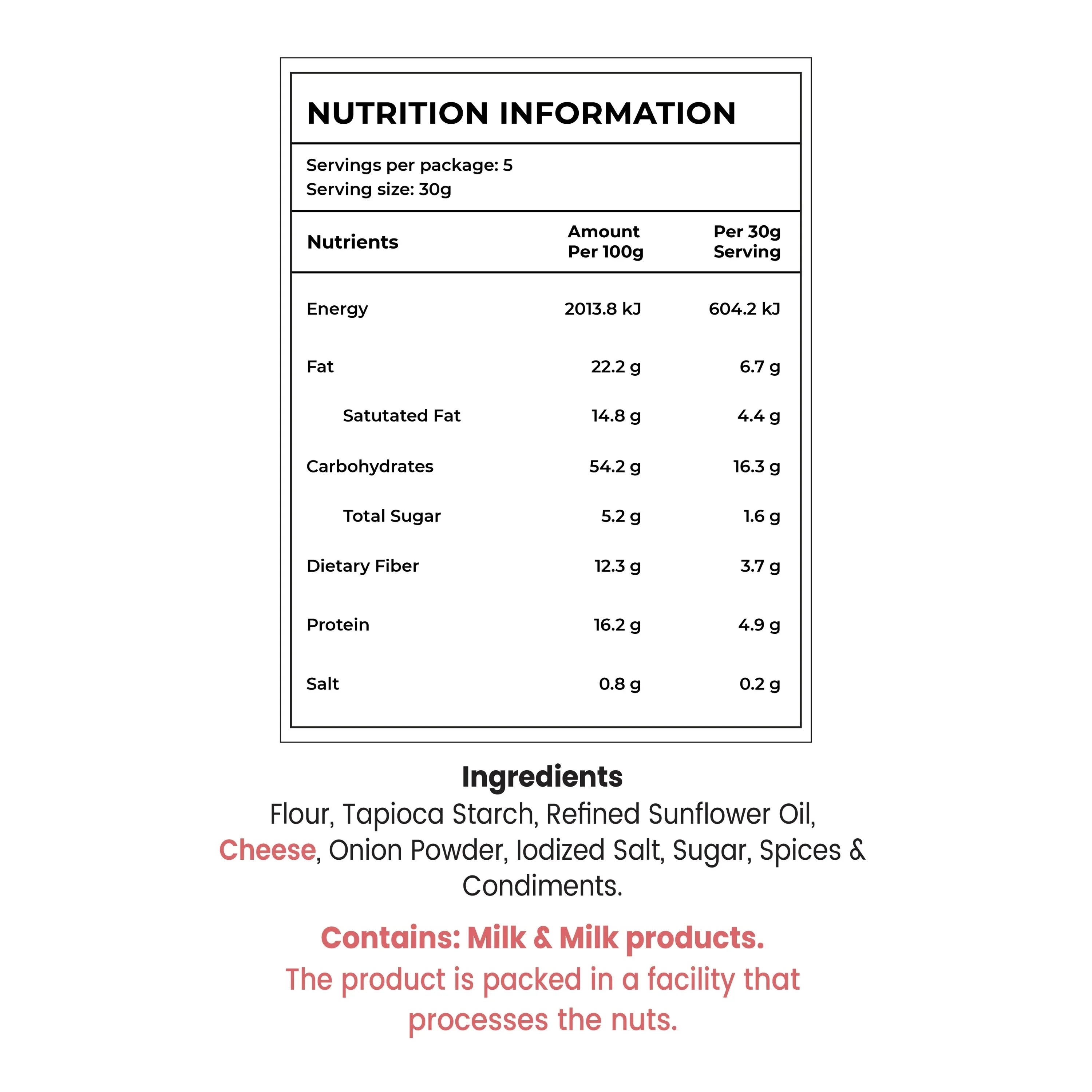 Nutrition facts and ingredients for cheese snack with milk content warning, clean label Indian snack details