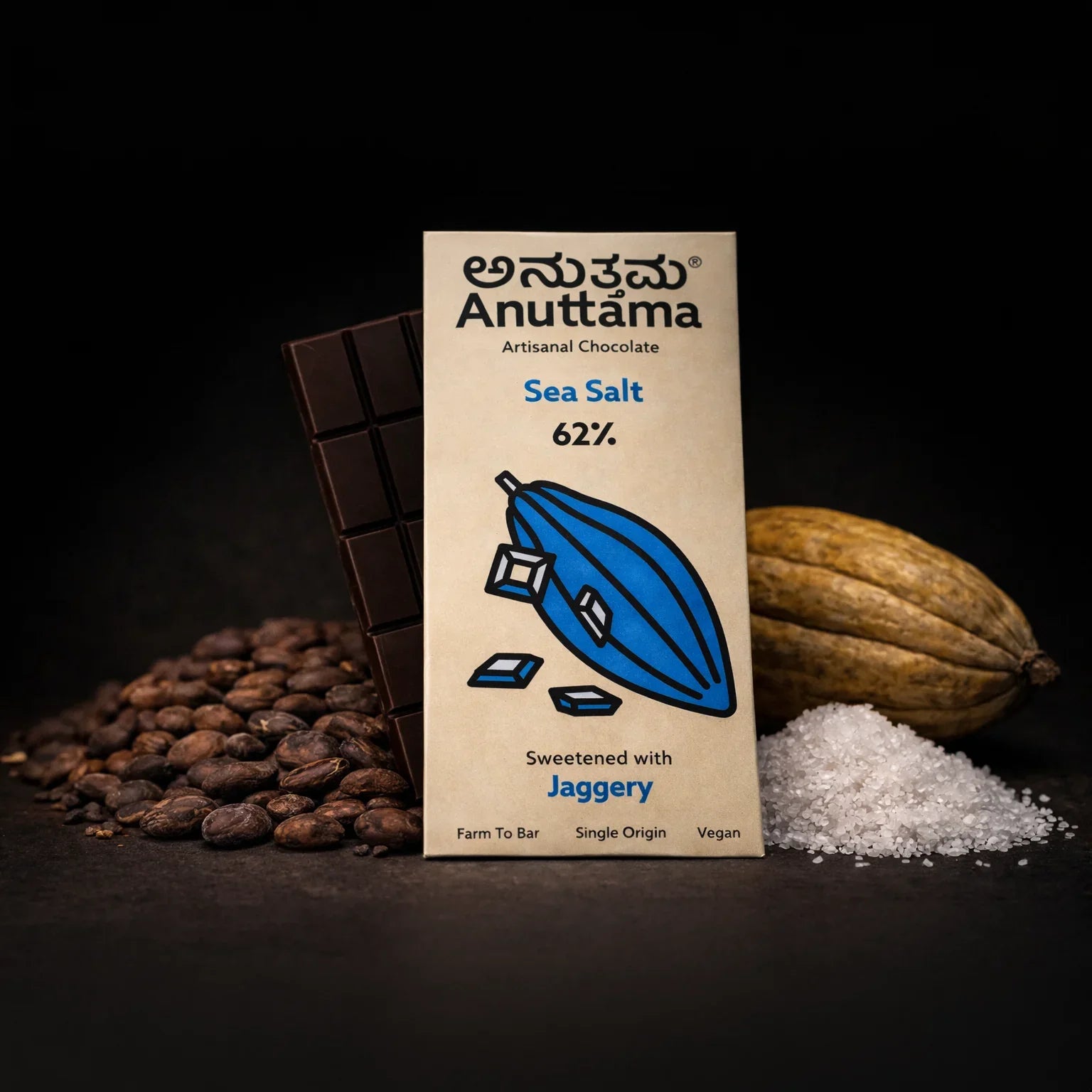 Anuttama 62% sea salt artisanal chocolate bar, sweetened with jaggery, surrounded by cocoa beans and sea salt