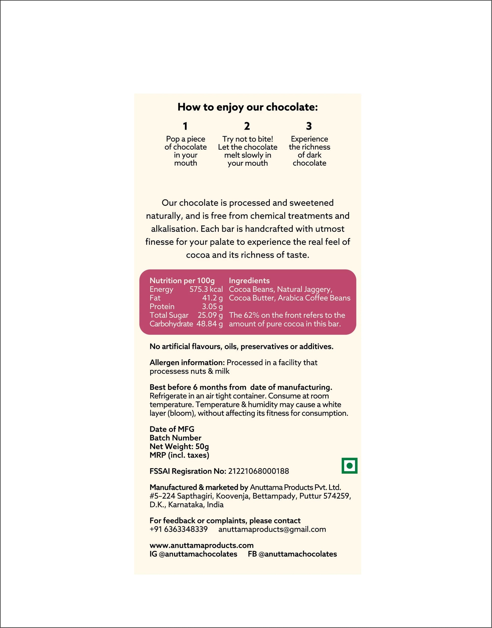 Dark chocolate bar label with jaggery, cocoa beans, no artificial additives, and tasting instructions