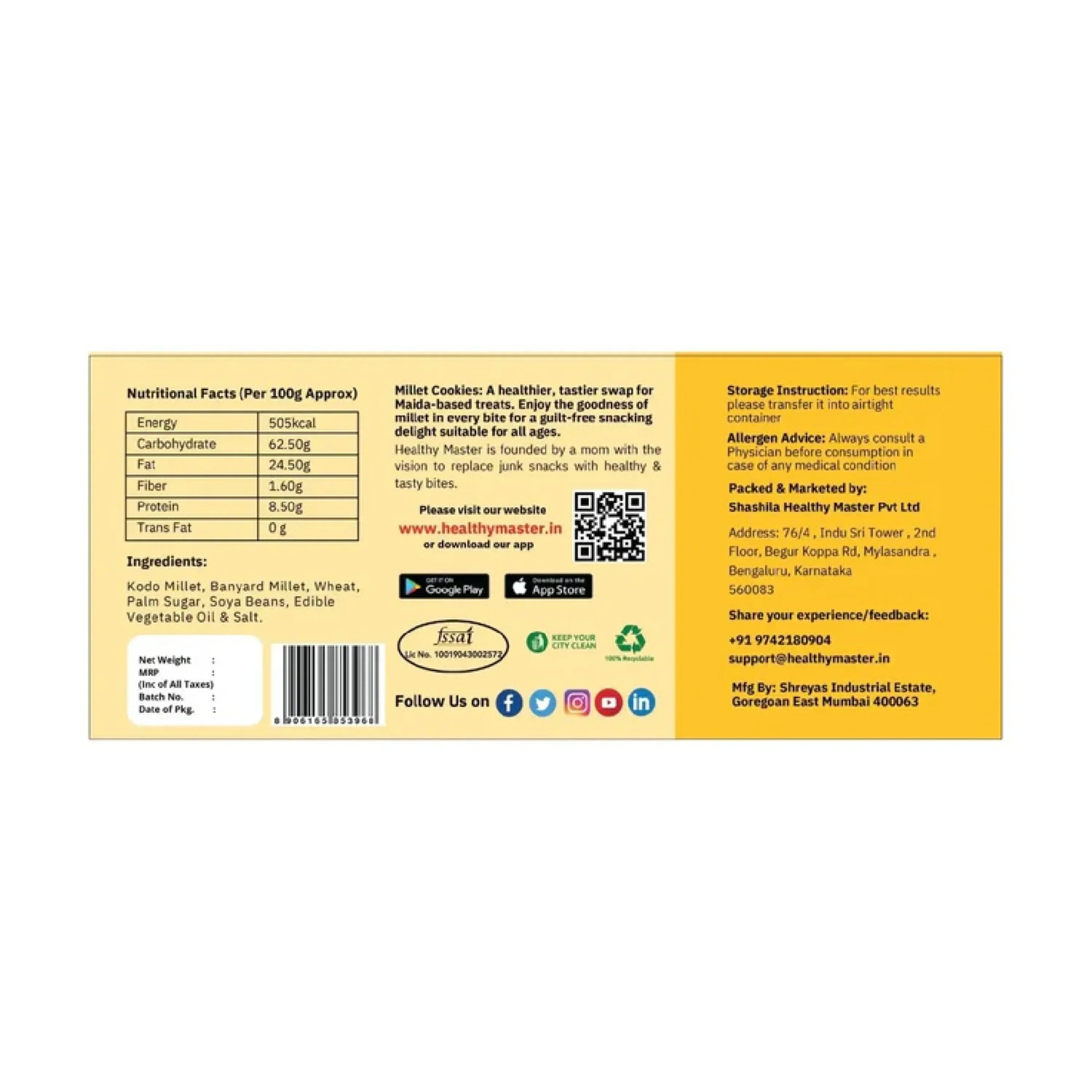 Millet cookies nutritional facts, ingredients, and storage info on yellow packaging