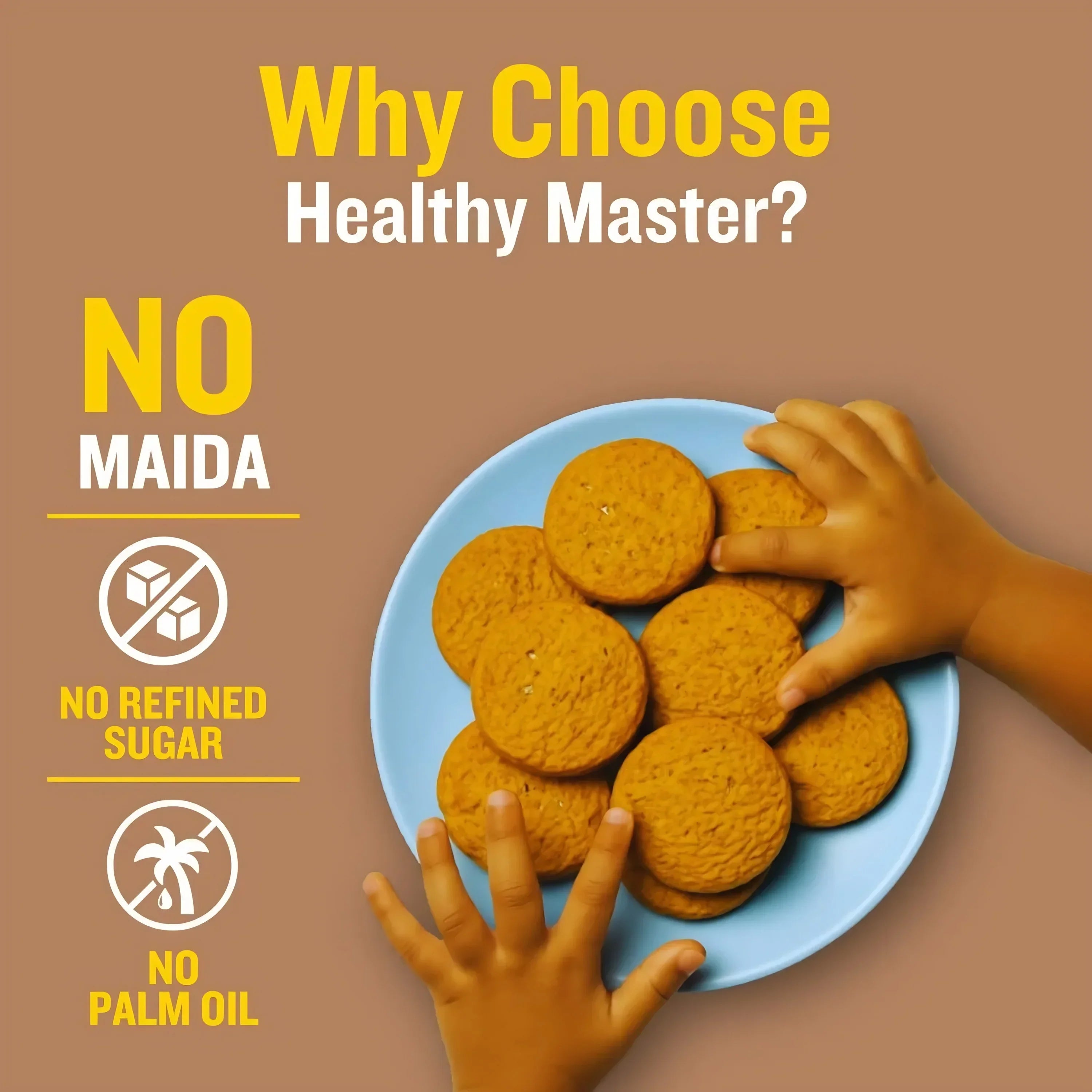 Child's hands reaching for wholesome, no maida, no refined sugar, no palm oil Indian snacks in a blue bowl