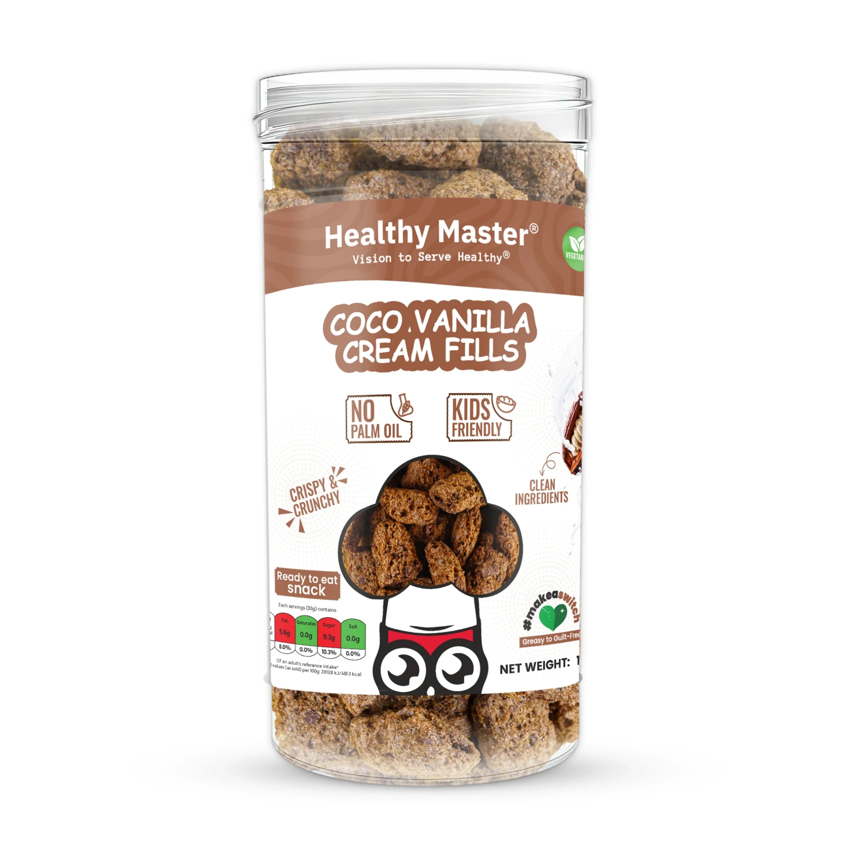 Coco Vanilla Cream Fills snack in clear tub, crispy crunchy, no palm oil, kids friendly, clean ingredients