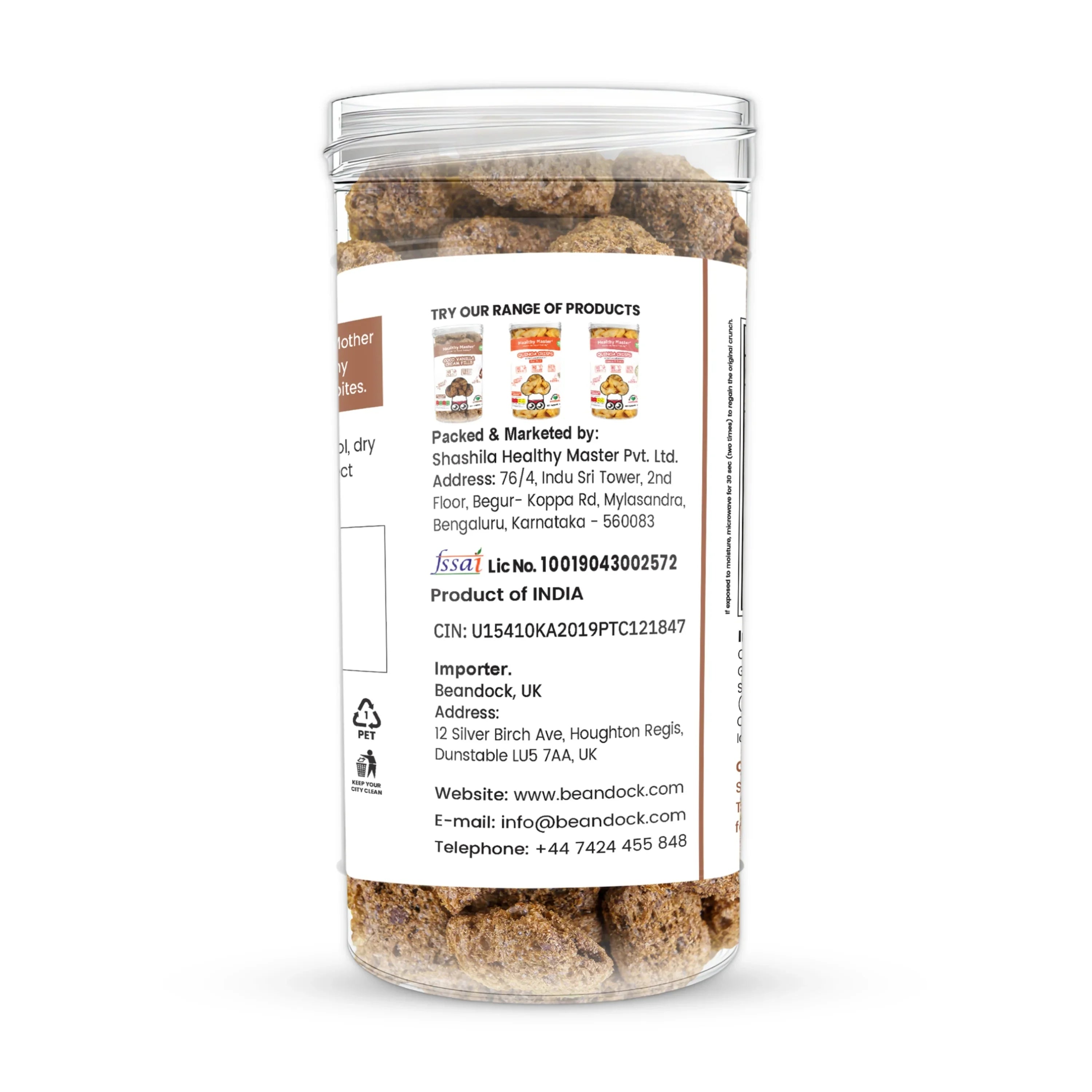 Indian wholesome snack bites in clear jar, jaggery sweetened, clean label, product of India, imported to UK