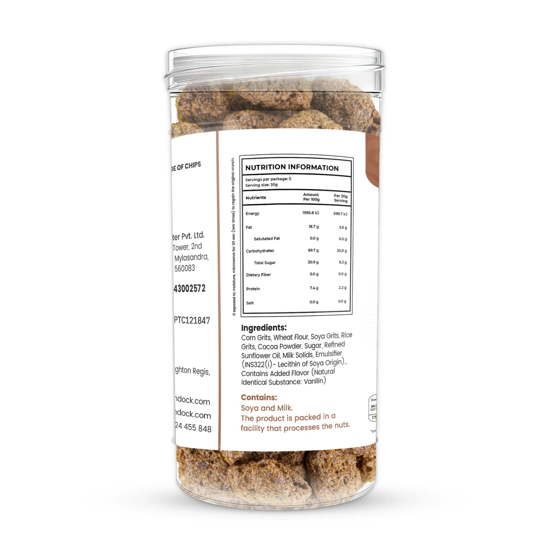 Clear jar of crunchy snack chips showing nutrition facts and ingredients label, featuring soya and milk allergens.