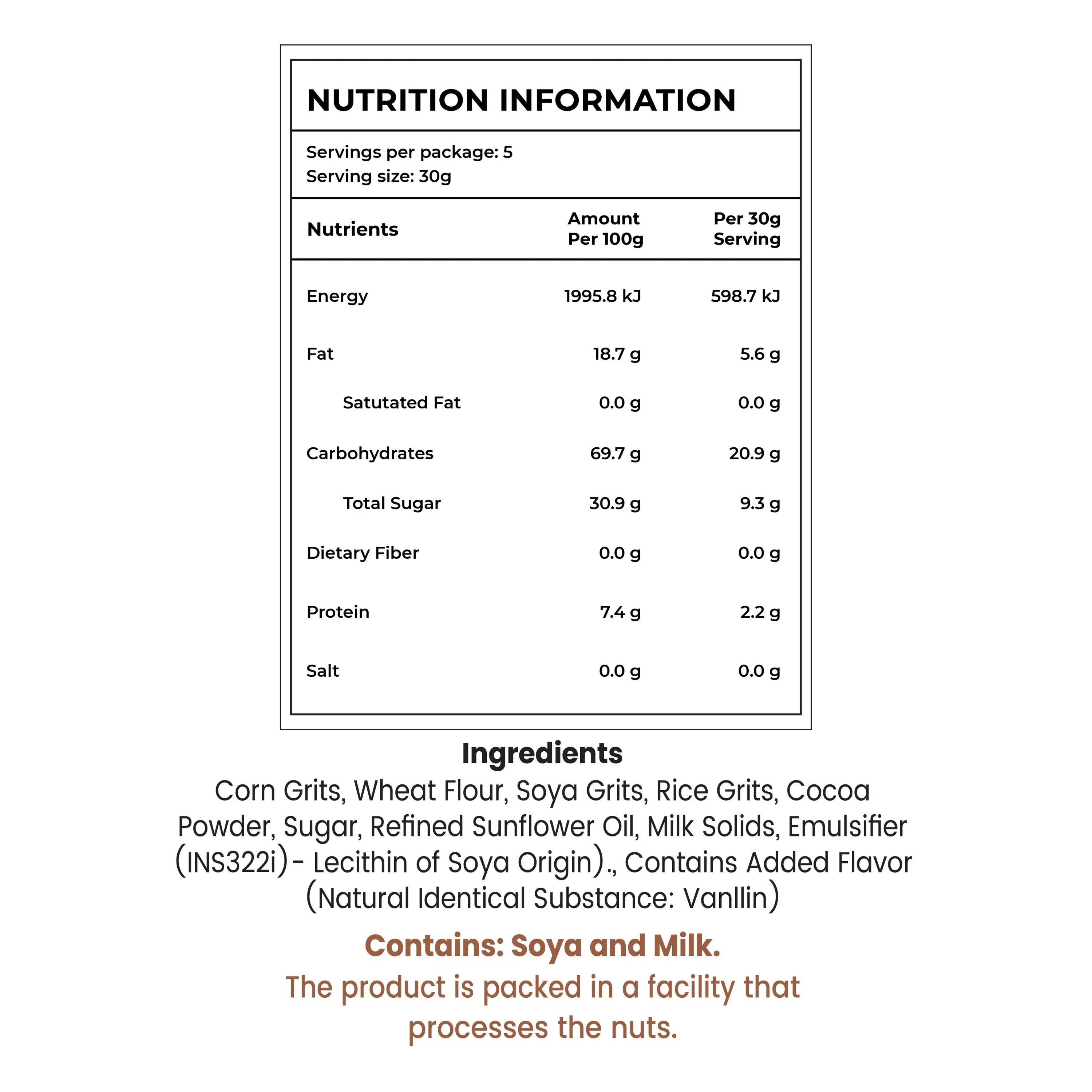 Nutrition facts and ingredients for Indian snack with soya, milk, and vanillin flavor, 30g serving