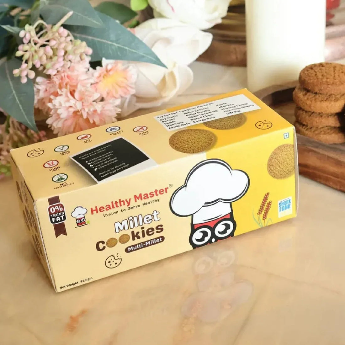 Healthy Master Millet Cookies boxes with jaggery-sweetened multi-millet snacks, real ingredients, 0% trans fat