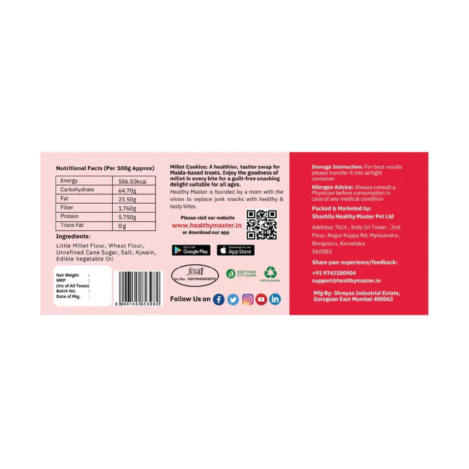 Nutritional facts and ingredients for millet cookies, featuring jaggery-sweetened, clean label Indian snack with wholesome ingredients.