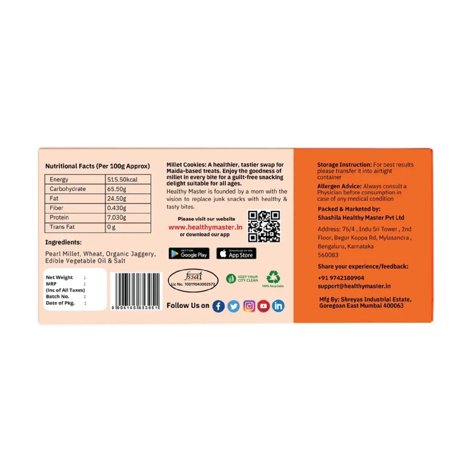 Millet cookies nutritional info, ingredients, and storage details on product packaging with QR code and social links