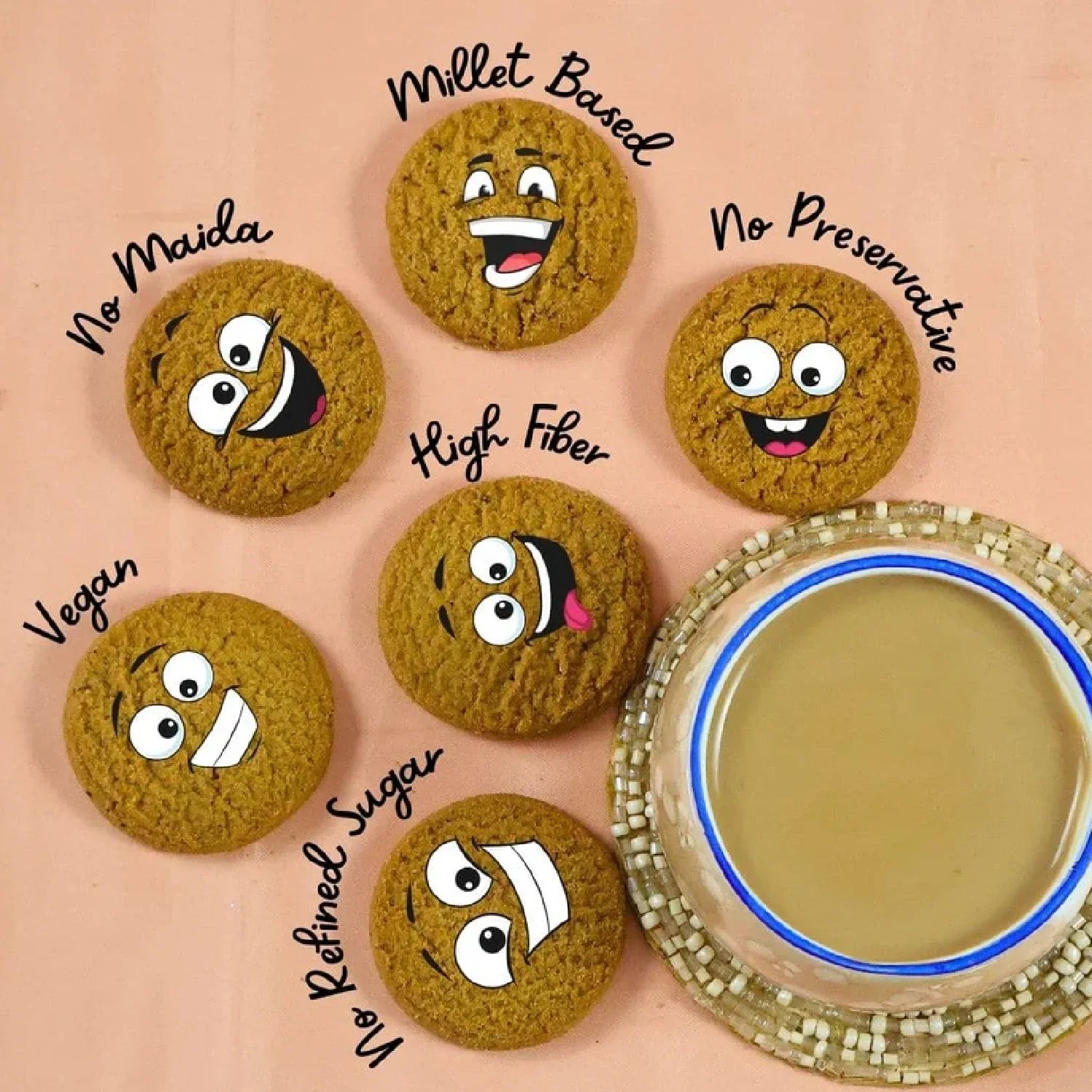 Millet-based vegan cookies with no refined sugar, high fiber, no preservatives, paired with tea