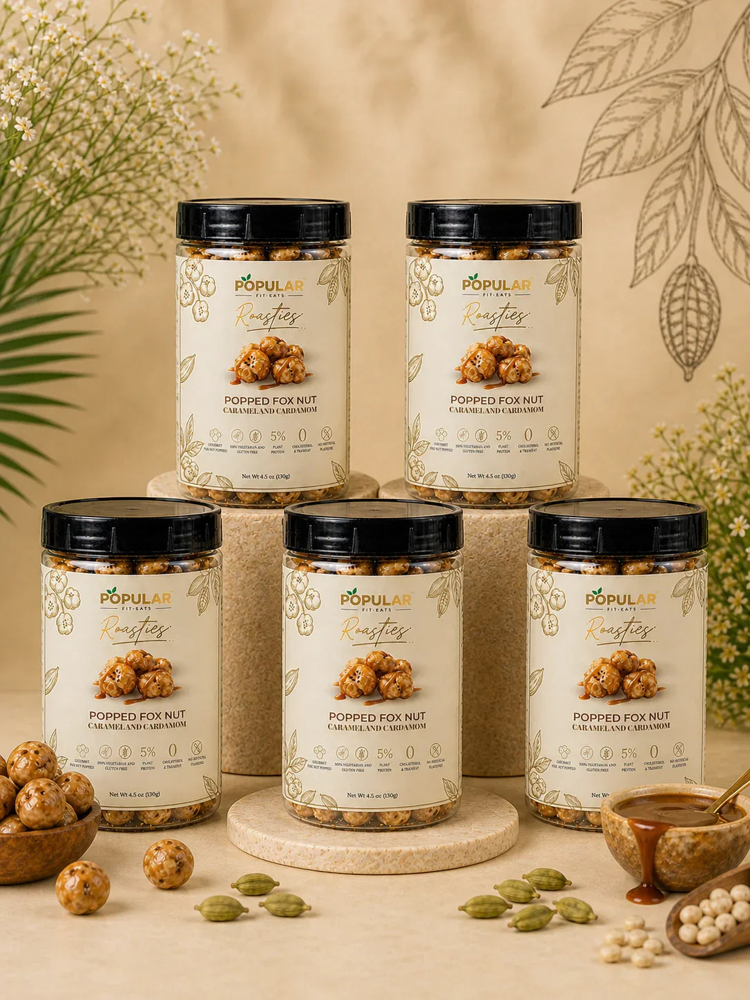 Popped Fox Nut Caramel Cardamom snack jars with natural ingredients, plant protein, gluten-free, no artificial flavors