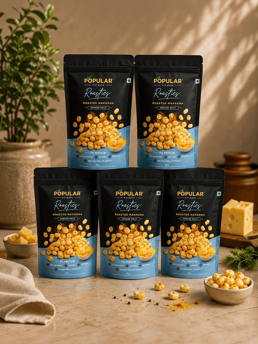 Roasted makhana cheese melt snacks, high protein, low fat, natural Indian snack packs