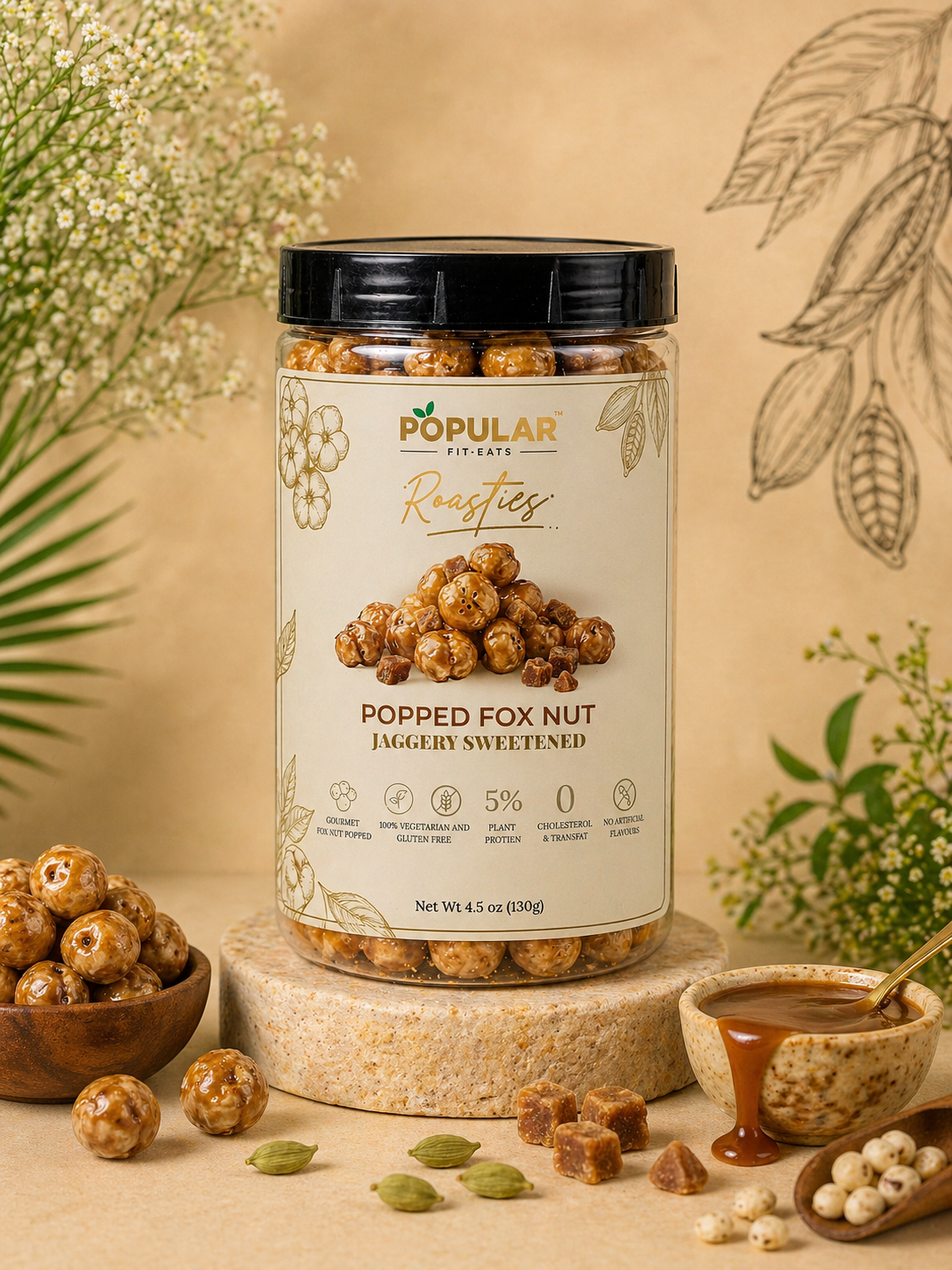 Jaggery sweetened popped fox nut snacks in clear jars, natural ingredients, wholesome Indian snack