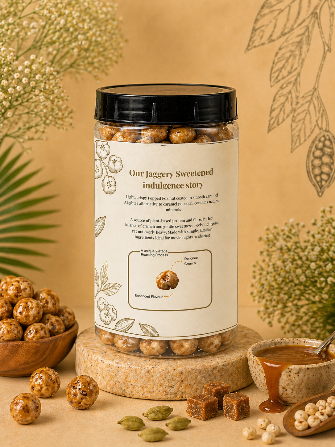 Jaggery sweetened caramel popcorn snack in clear jar with natural ingredients, plant-based protein, and crunchy texture