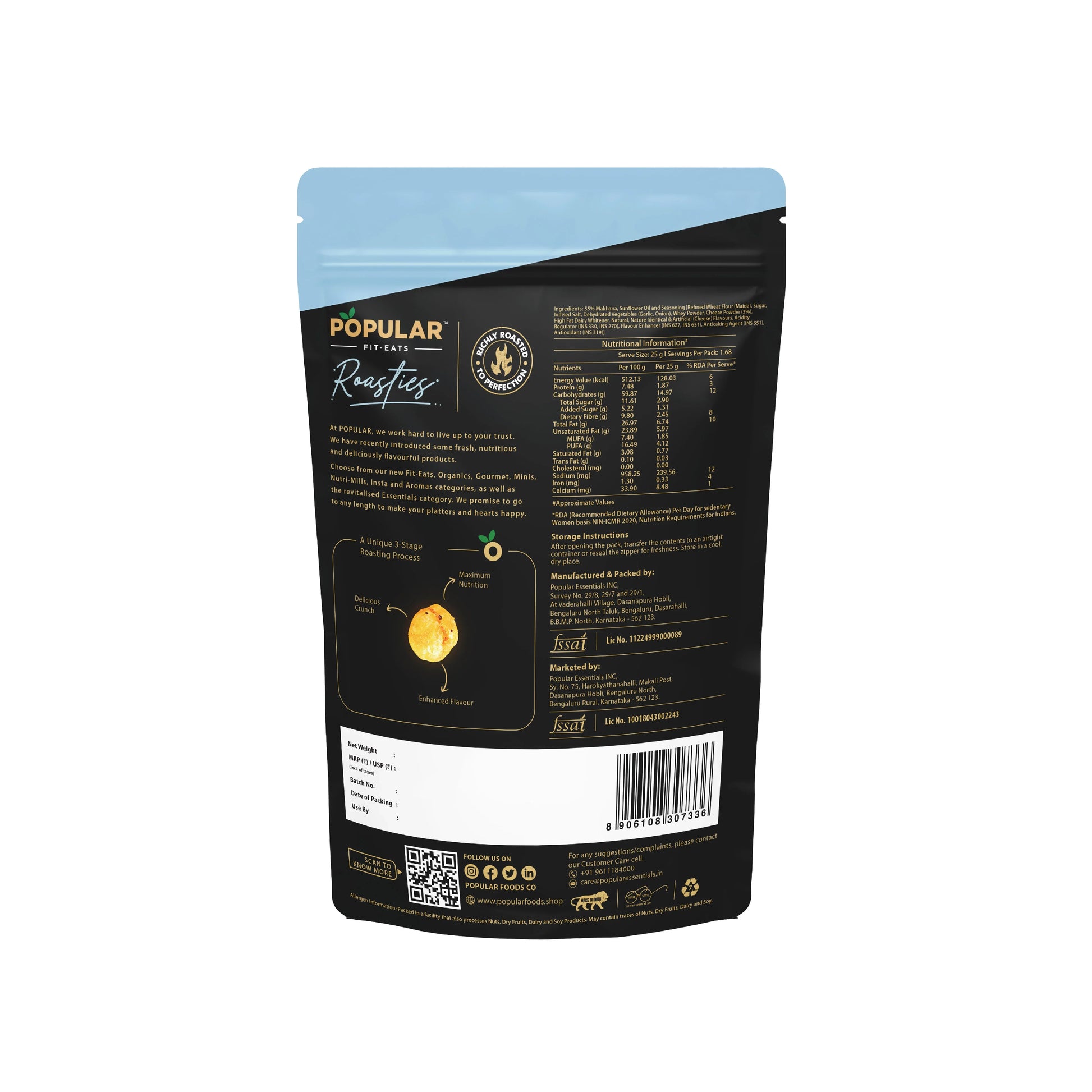 Popular Fit-Eats Roasties snack back label with nutrition facts, ingredients, and roasting process details