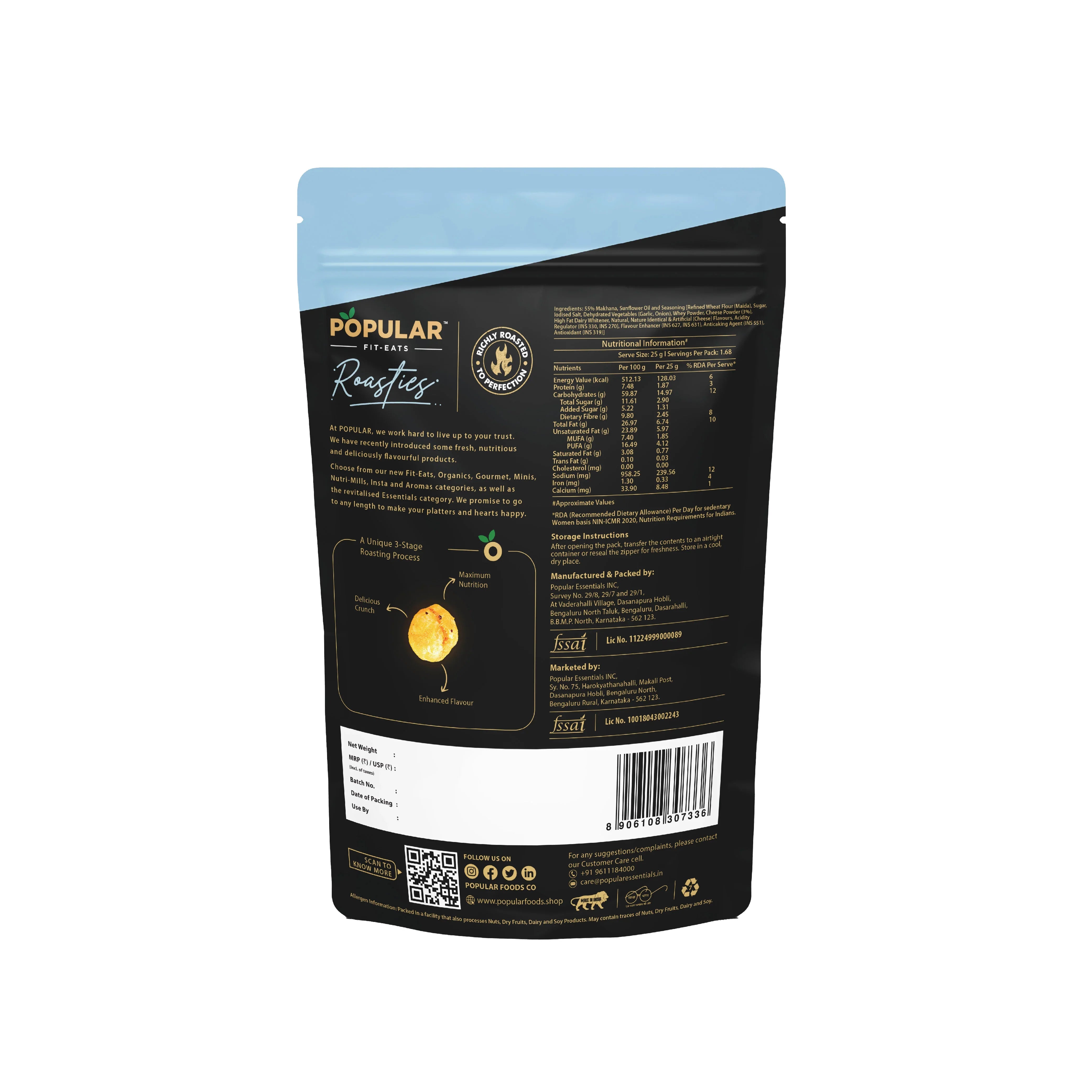 Popular Fit-Eats Roasties snack back label with nutrition facts, ingredients, and roasting process details