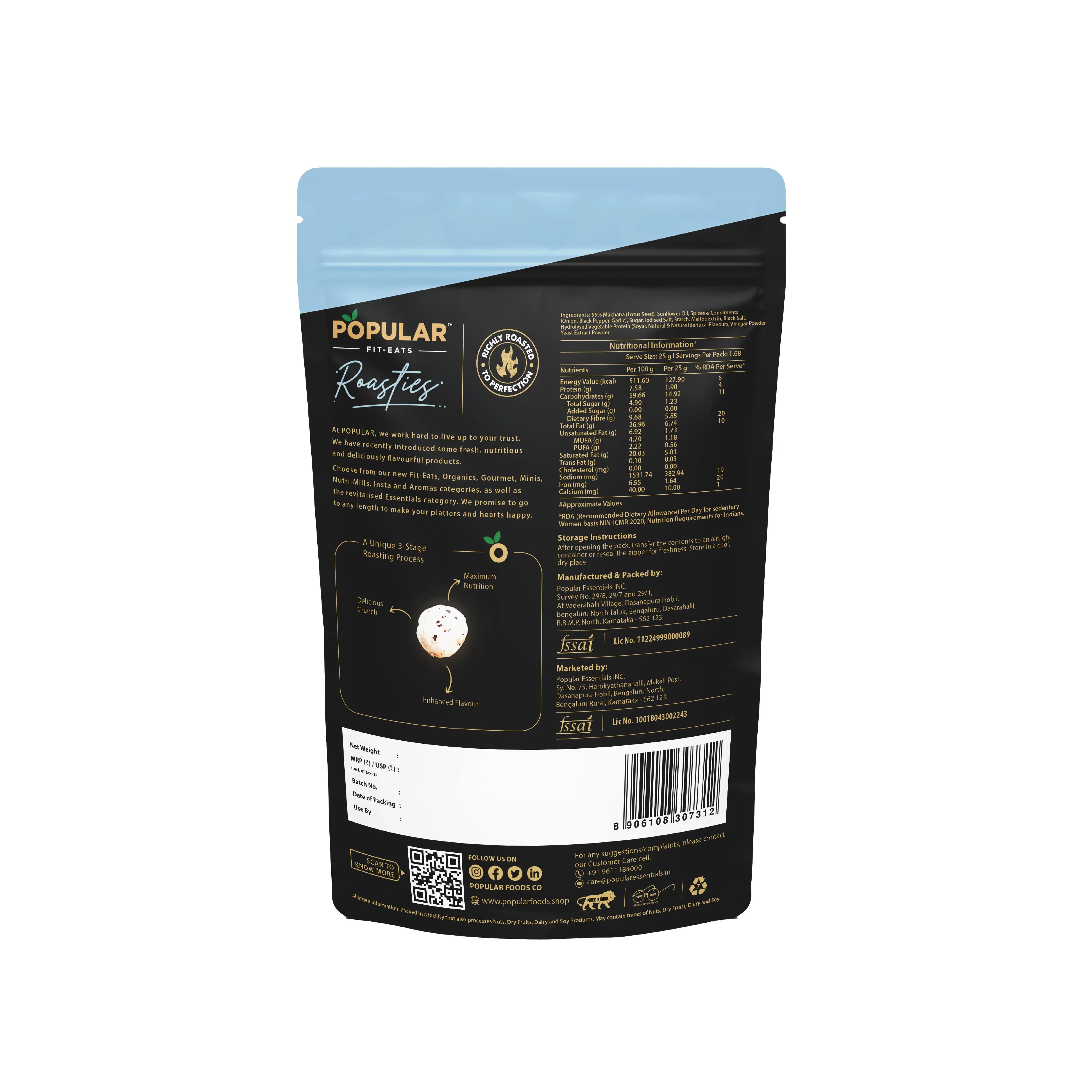 Popular Fit-Eats Roasties snack back label with nutrition facts, ingredients, and roasting process details