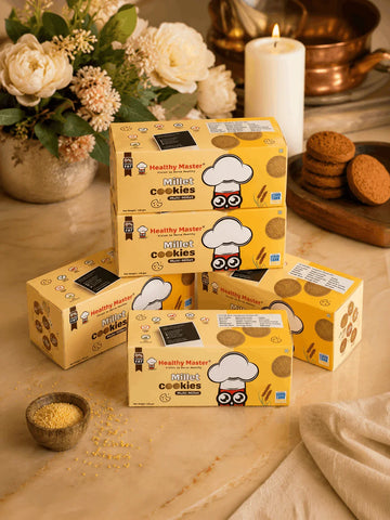 Healthy Master Millet Cookies boxes with jaggery-sweetened multi-millet snacks, real ingredients, 0% trans fat