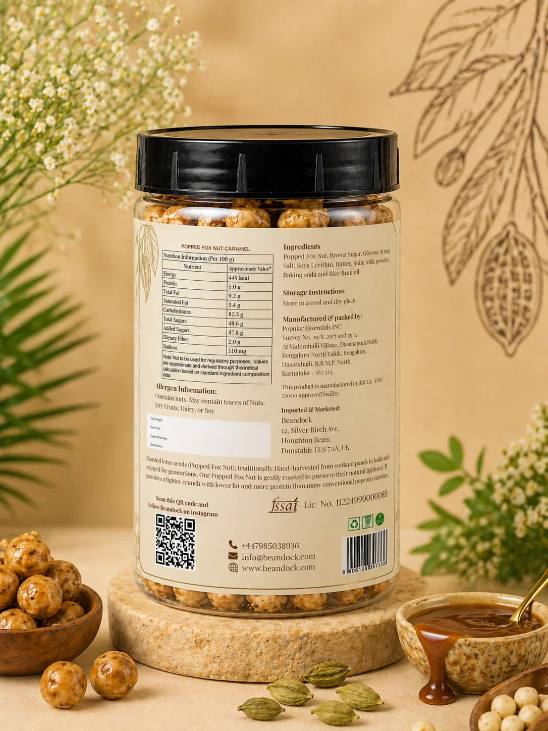 Popped Fox Nut Caramel snack jar with nutrition facts, jaggery-sweetened, clean label, real ingredients, no artificial additives