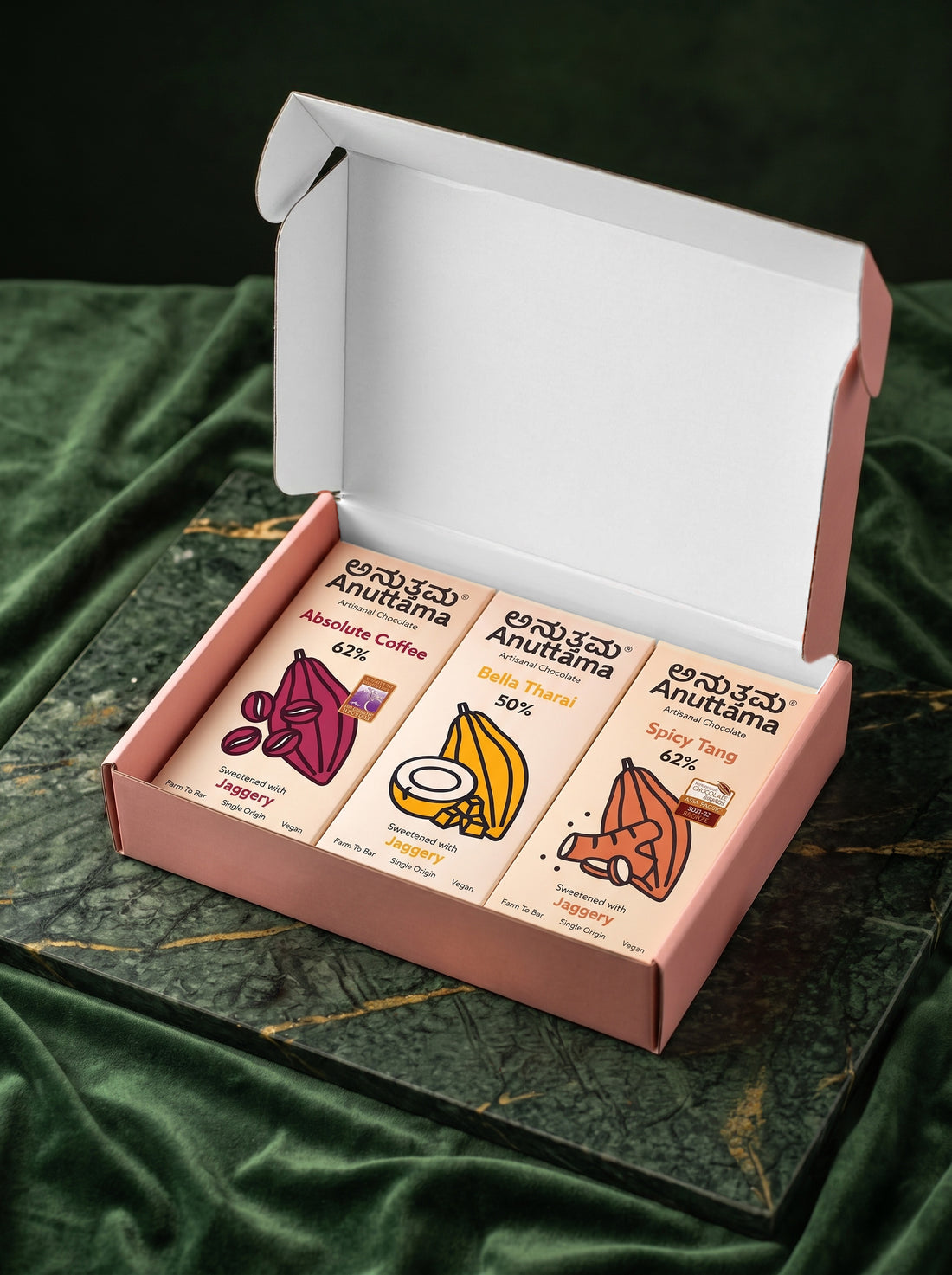 Anuttama artisanal chocolate bars sweetened with jaggery, vegan, single origin, in a gift box