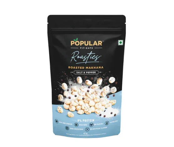 Popular Fit-Eats Roasties Salt & Pepper Roasted Makhana snacks, high protein, no artificial flavors, healthy Indian snack