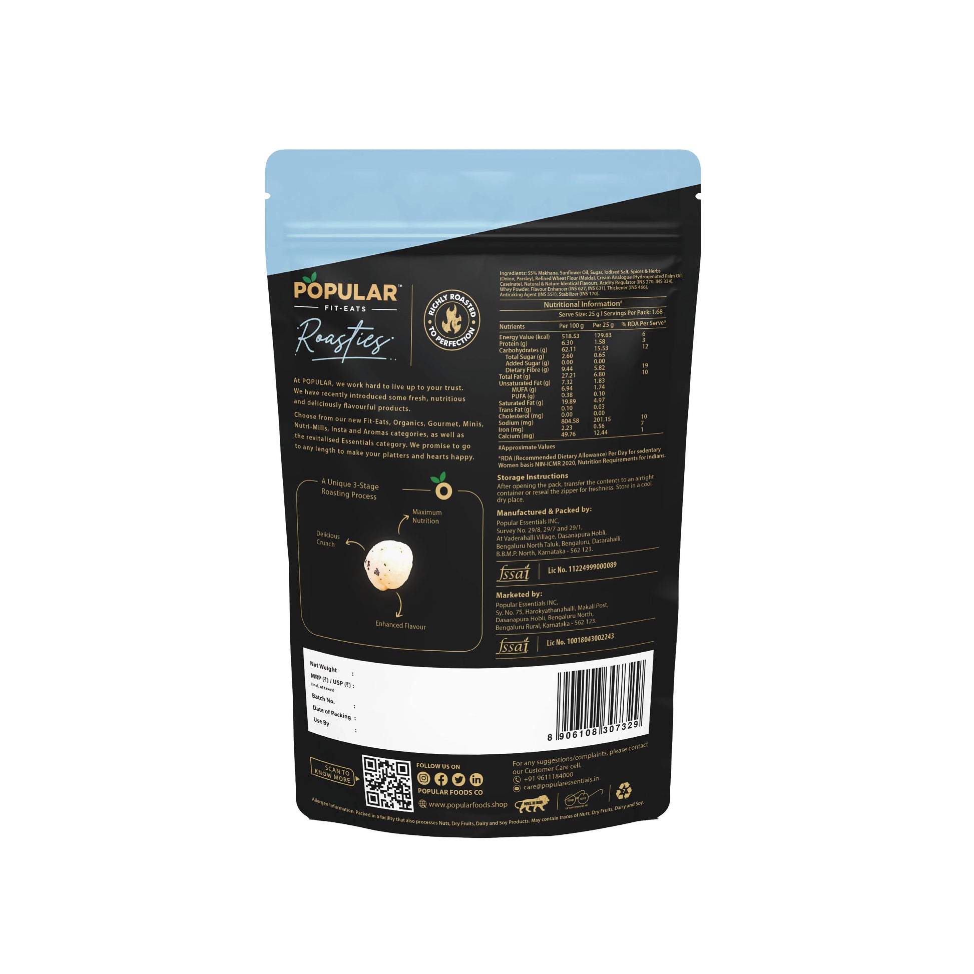 Popular Fit-Eats Roasties snack back label with nutrition facts, ingredients, and roasting process details