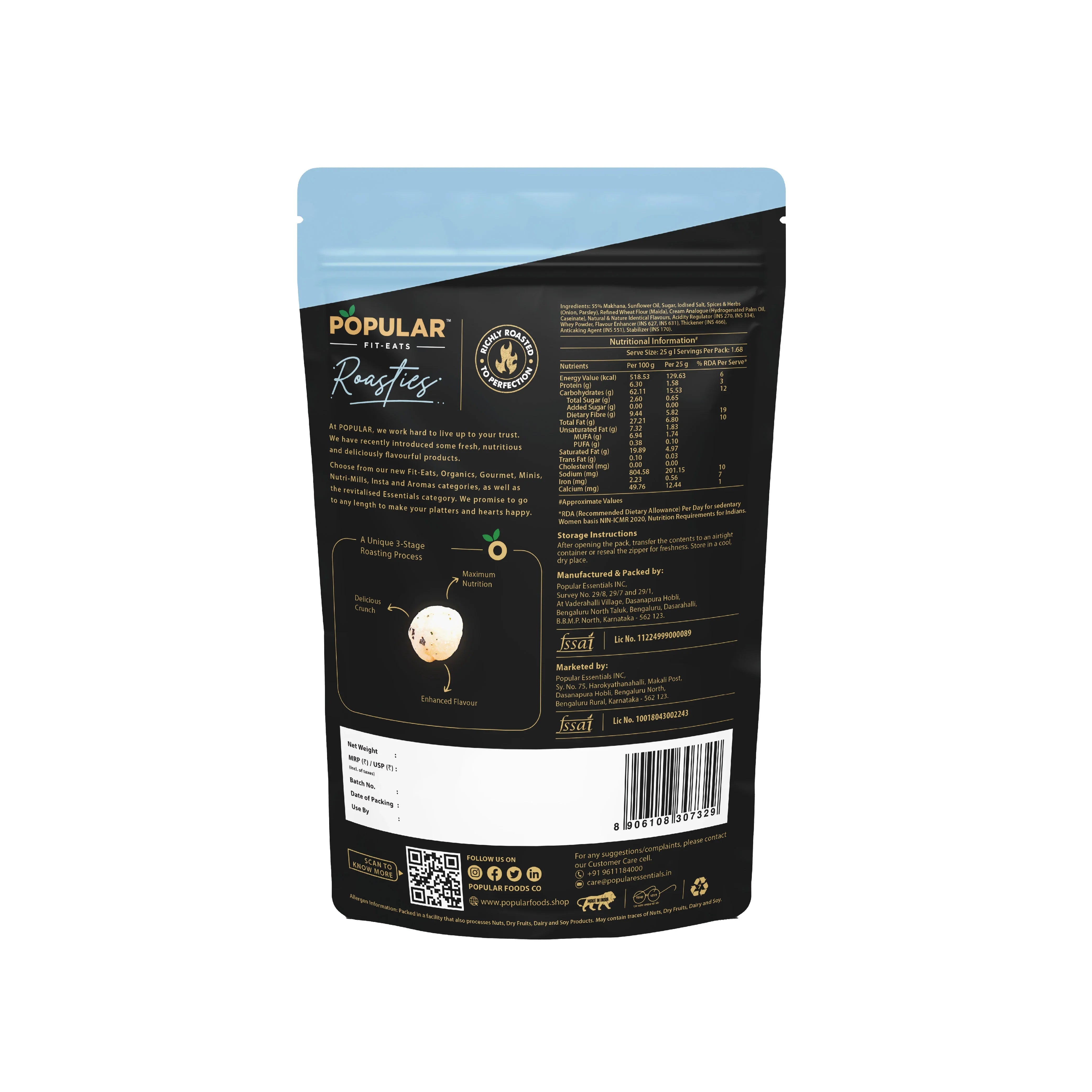 Popular Fit-Eats Roasties snack back label with nutrition facts, ingredients, and roasting process details