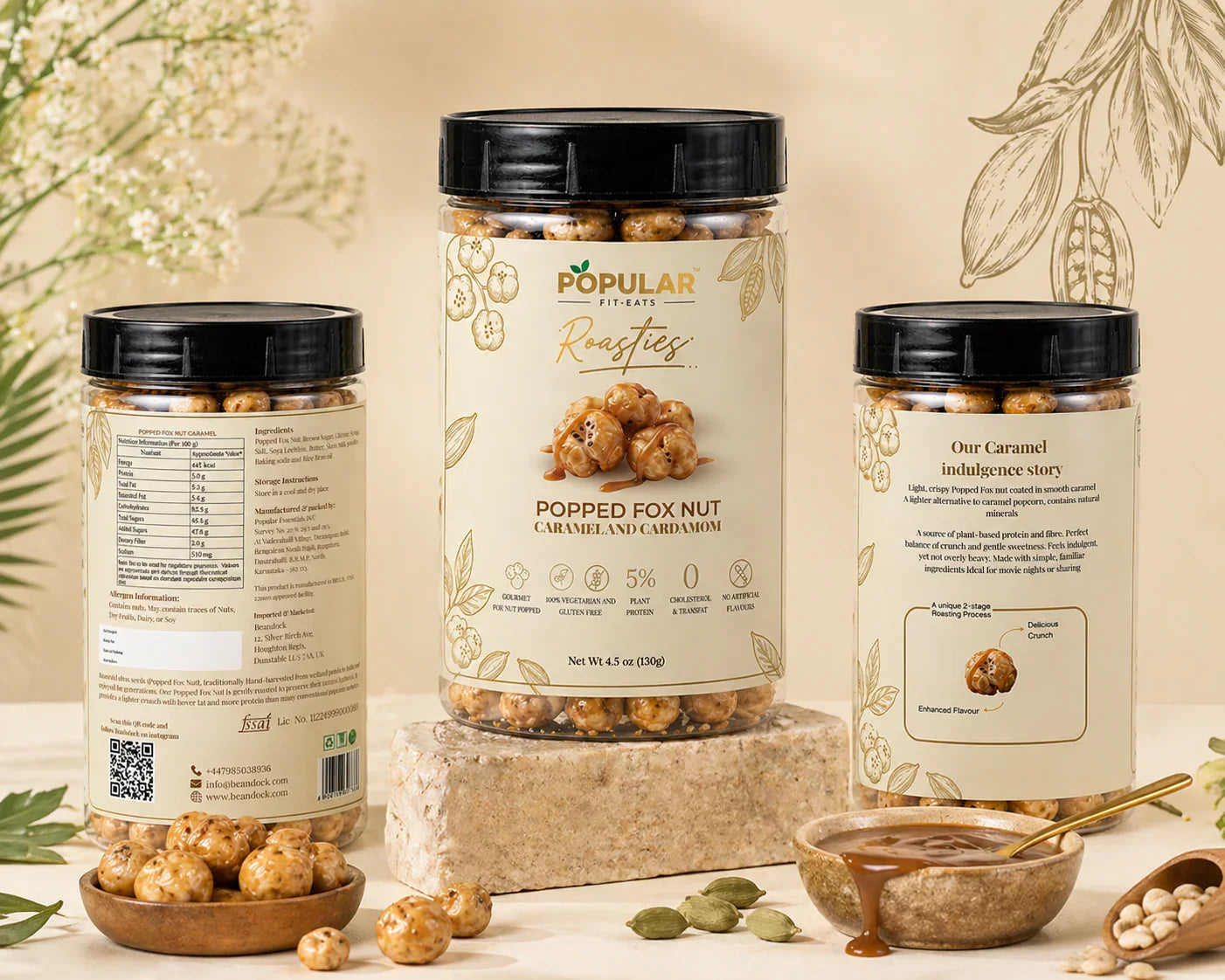 Popped fox nut caramel and cardamom snack in clear jars, gluten-free, plant protein, no artificial flavors