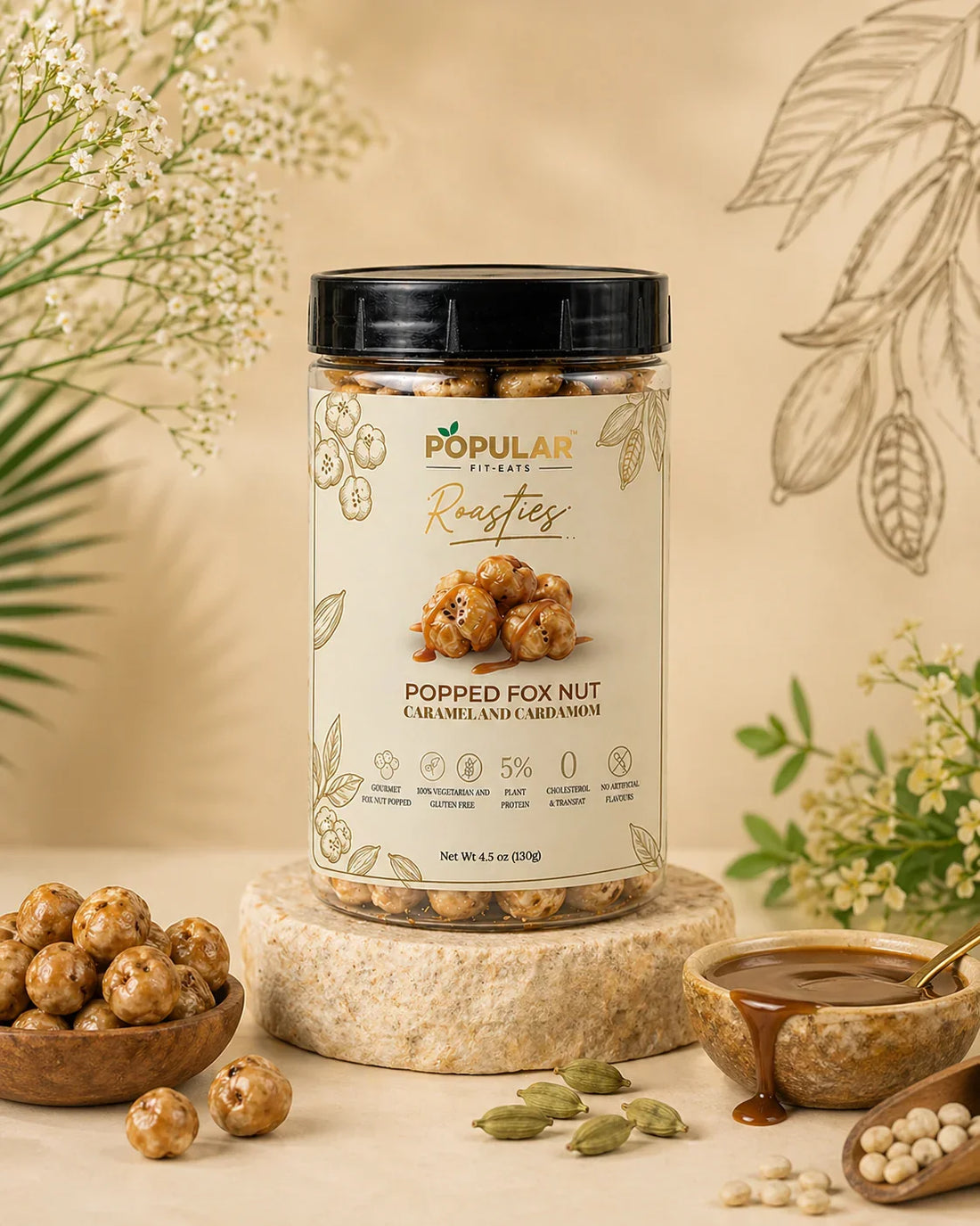 Popped Fox Nut Caramel Cardamom snack jars with natural ingredients, plant protein, gluten-free, no artificial flavors