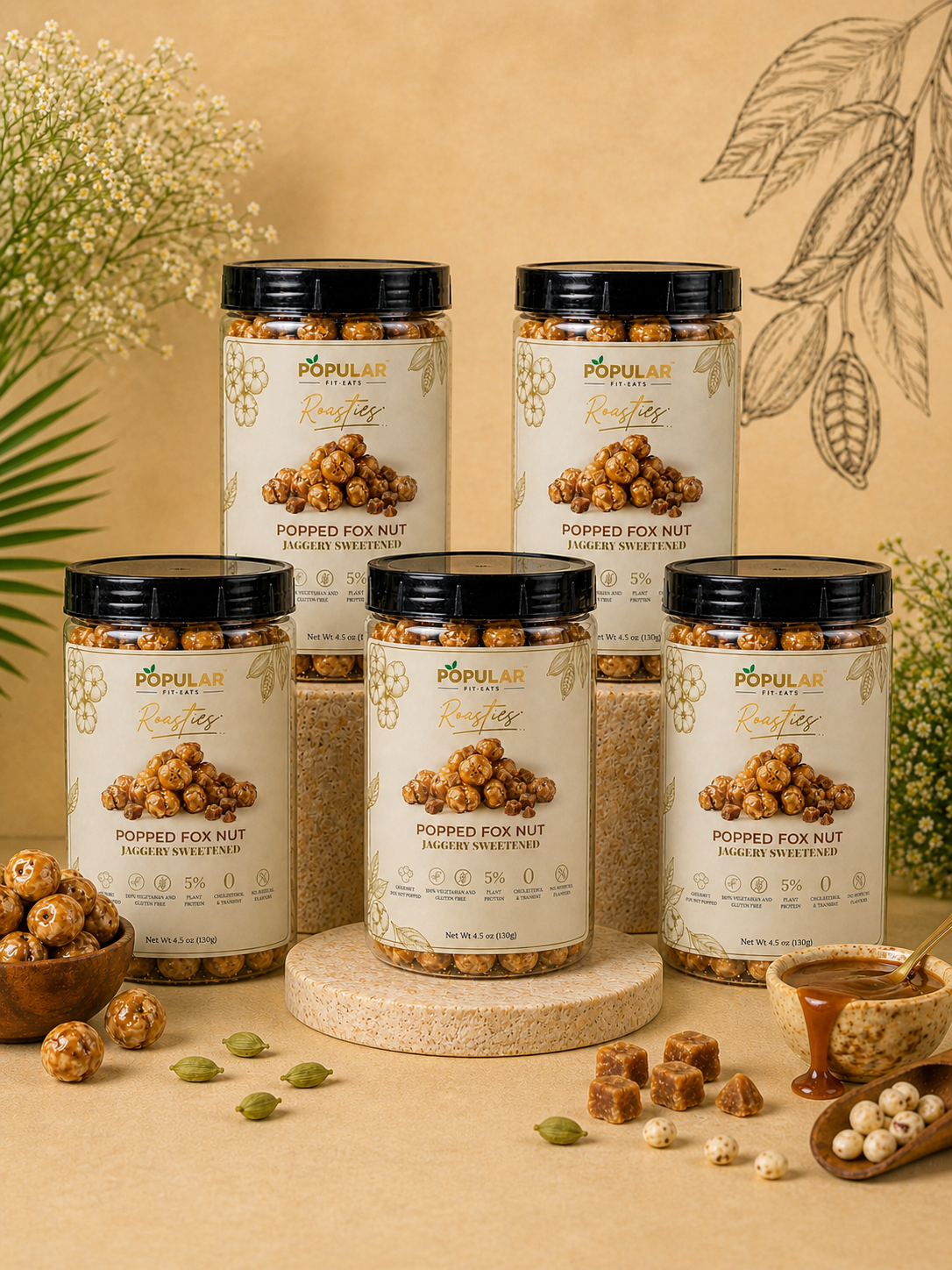 Jaggery sweetened popped fox nut snacks in clear jars, natural ingredients, wholesome Indian snack