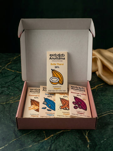 Artisanal jaggery-sweetened chocolate bars in gift box, vegan, single origin, farm to bar