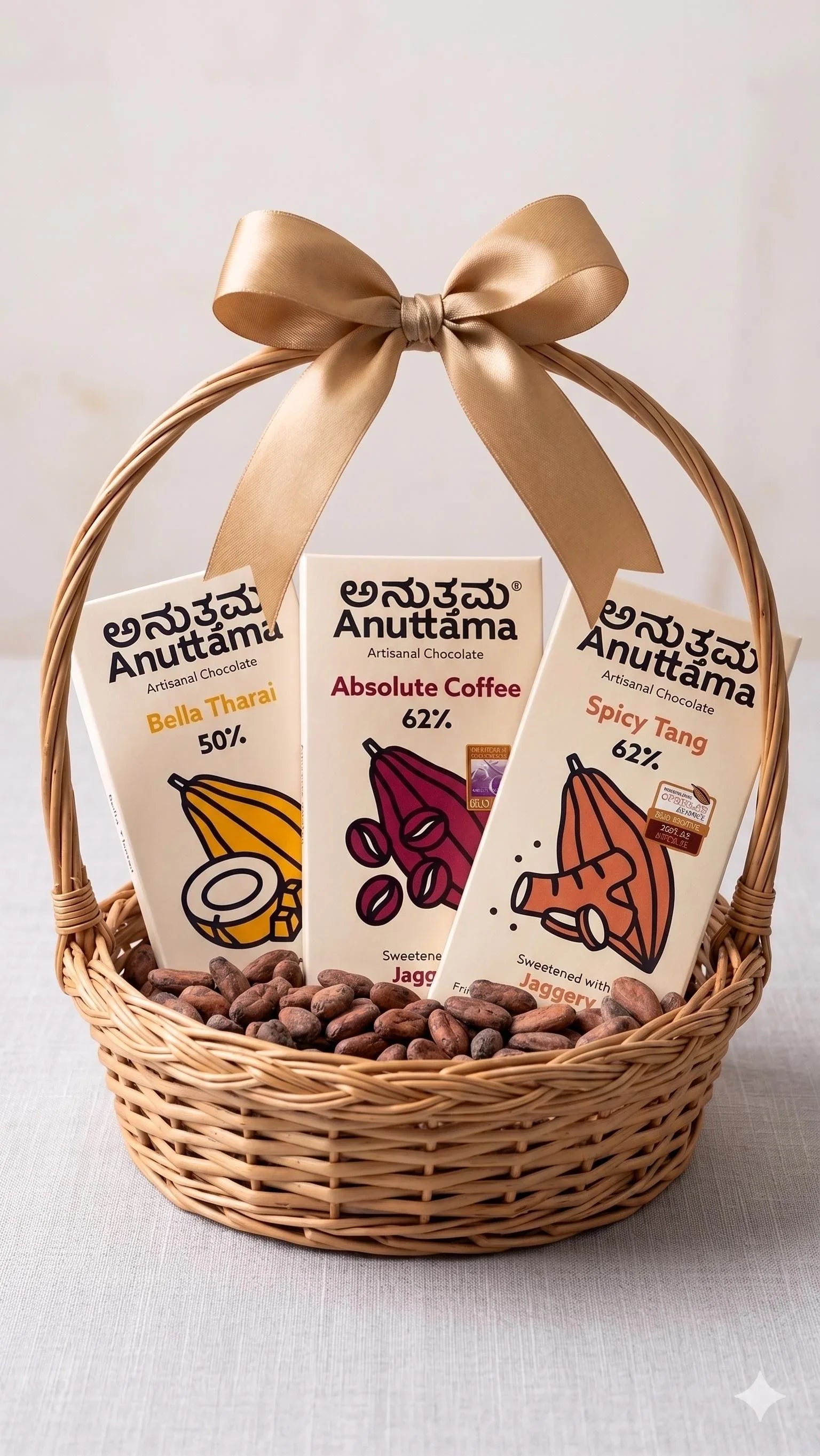 Artisanal jaggery-sweetened chocolate bars in a wicker gift basket with cocoa beans and gold bow