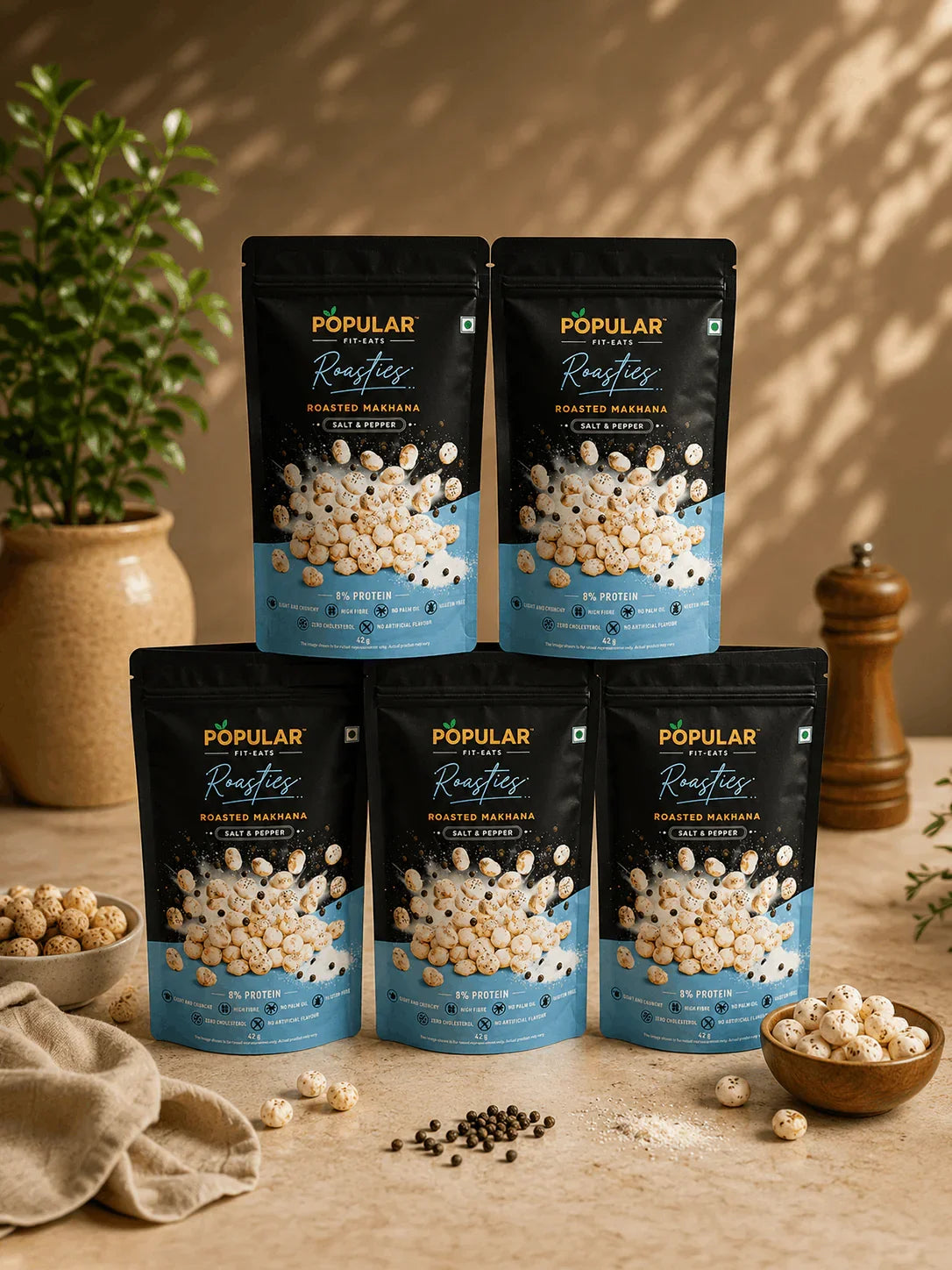 Popular Fit-Eats Roasties Salt & Pepper Roasted Makhana snacks, high protein, no artificial flavors, healthy Indian snack