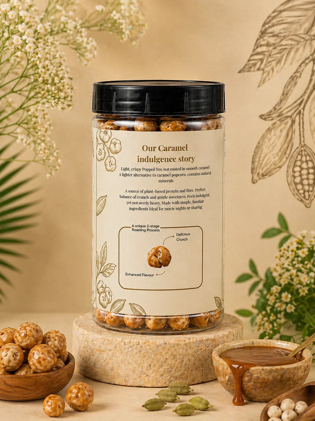 Caramel-coated popped fox nuts snack in clear jar, natural ingredients, plant-based protein, wholesome treat